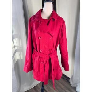 Old Navy Women's Red Wool Blend Trench Coat with Belt, Size Large Vintage 2004